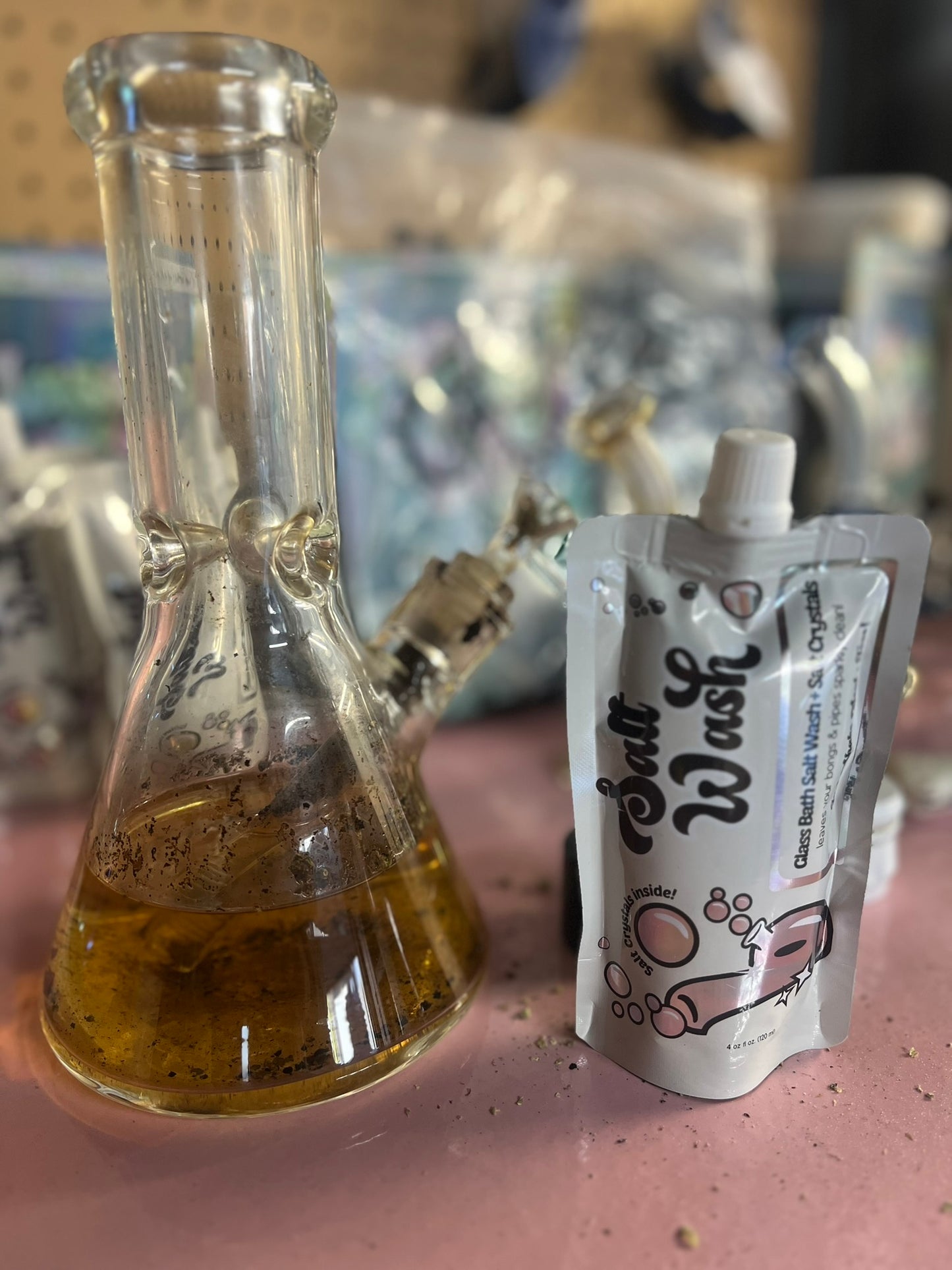dirty bong with bong cleaner salt wash