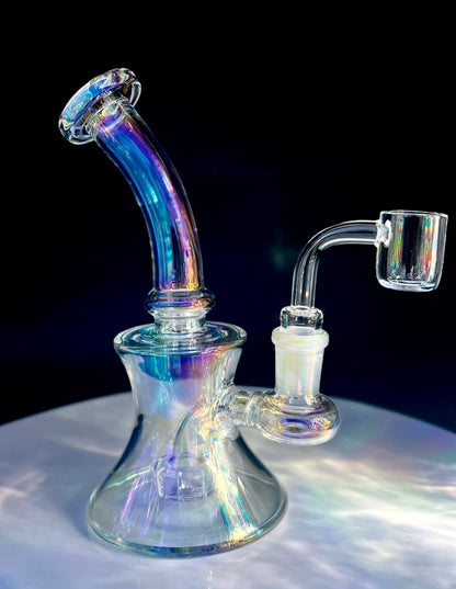 Shower head iridescent glass dab rig reflections